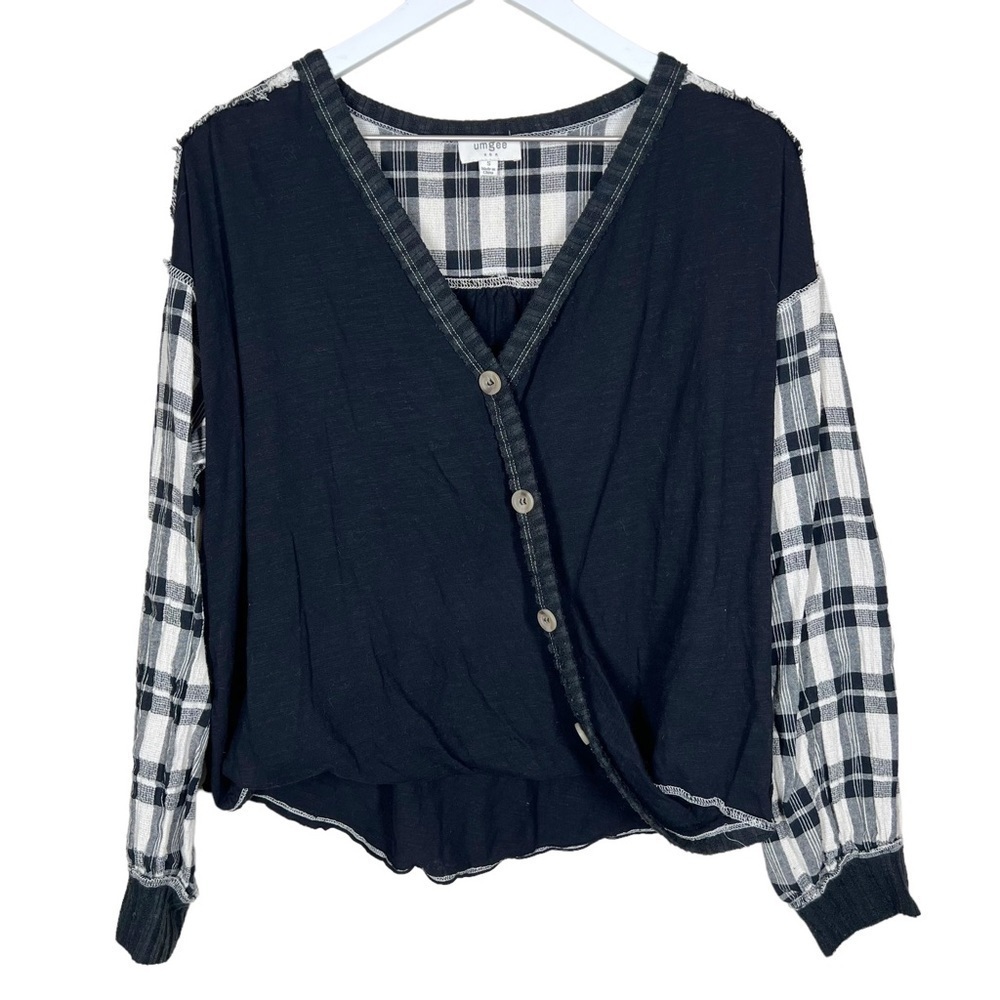 Umgee Womens Black Cream Plaid Twist Button Front Long Sleeve Shirt Small